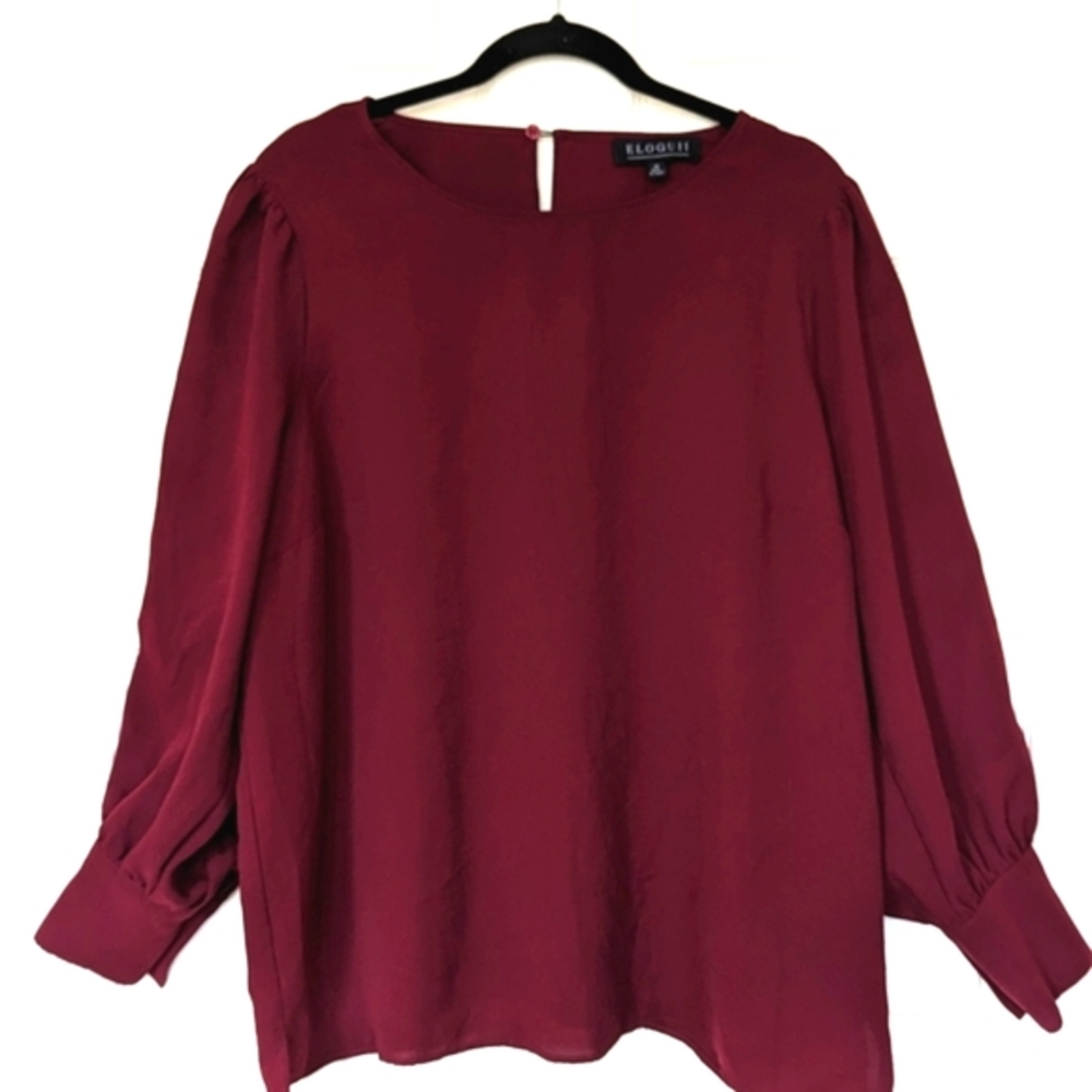 Eloquil Burgundy Long Sleeve Pull Over Blouse Key Hole & Button on Back …